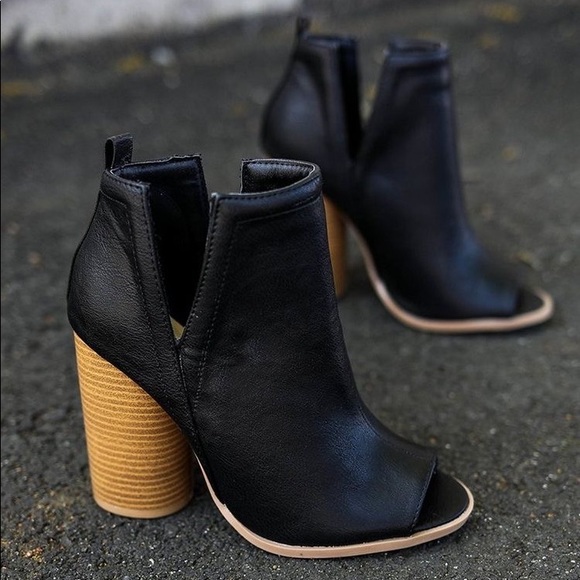 Cutout Side Peeptoe Ankle Booties Wood Stack Heel - Picture 3 of 6